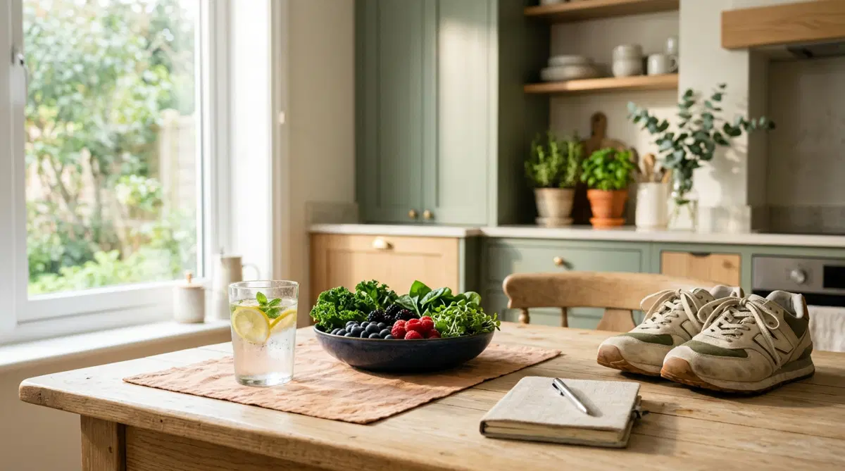 A sunlit kitchen table with lemon water, fresh berries and greens, a notebook, and walking shoes