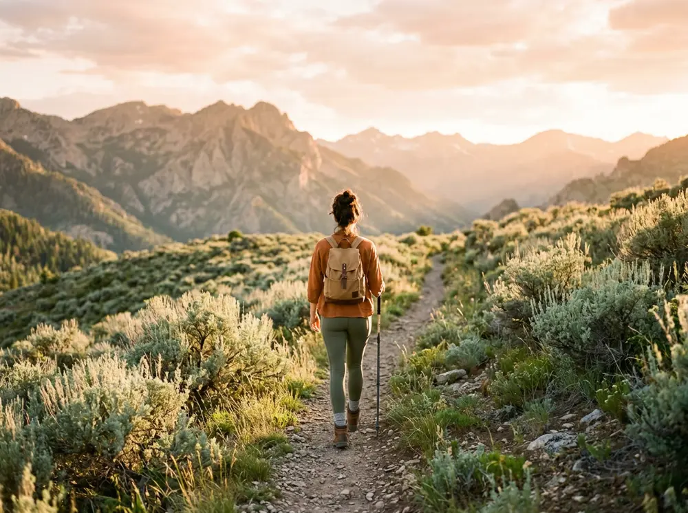 A person walking along a mountain trail at golden hour